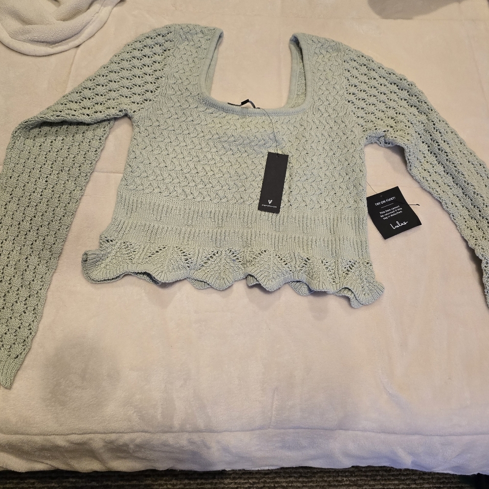 Lulu's Lucky Cutie Sage Green Crochet Long Sleeve Sweater Top - Picture 3 of 3